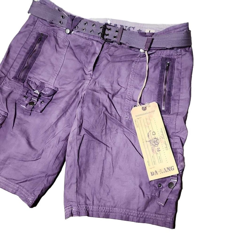 Da-nang moth purple distressed mid rise pocketed cargo 11.5" belted shorts - Picture 6 of 6